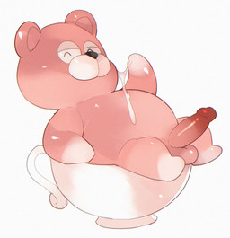 anthro balls belly black_nose bodily_fluids chibi container cum cup erection genital_fluids genitals kemono male micro one_eye_closed penis simple_background slightly_chubby solo white_background wink masshiro bear mammal 2022