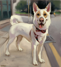 brown_eyes curled_tail feral fur harness looking_at_viewer markings pink_nose pink_tongue quadruped solo standing street tail tan_markings tongue white_body white_fur alexpahomov canid canine canis domestic_dog mammal 2021 digital_media_(artwork) digital_painting_(artwork) hi_res painting_(artwork)