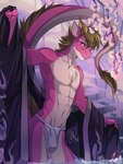 abs anthro asian_clothing bottomwear branch brown_hair bulge cherry_blossom cherry_blossom_tree cherry_tree chest_tuft claws clothed clothing detailed_background east_asian_clothing eyebrows flower fruit_tree fundoshi fur hair holding_clothing holding_object horn hot_spring japanese_clothing kimono loincloth long_tail looking_at_viewer male maned_tail mostly_nude multicolored_body navel onsen partially_clothed partially_submerged pecs pink_body plant prunus_(flower) raised_arm raised_tail red_eyes solo tail tail_tuft tree tuft two_tone_body underwear water wet wet_clothing wet_legs el-ricado mythology diandre dragon furred_dragon furred_scalie mammal maned_dragon mythological_creature mythological_scalie reptile scalie 2021 digital_media_(artwork) watermark