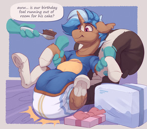 big_diaper blue_hair cake clothed clothing dessert diaper diaper_under_clothing diaper_under_onesie disembodied_hand feces feral food full_diaper gift hair hooves horn leg_markings male markings multicolored_hair onesie pinned skunk_tail socks_(marking) soiling solo text two_tone_hair unclean_diaper used_diaper wearing_diaper wetness_indicator ailoy4 hasbro my_little_pony mythology batty_(ailoy4) fan_character equid equine mammal mythological_creature mythological_equine unicorn english_text hi_res