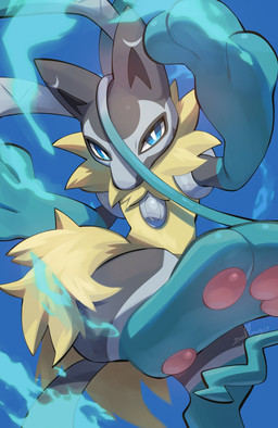 action_pose ambiguous_gender anthro aura black_body black_ears black_fur black_tail blue_background blue_body blue_eyes blue_fur fur grey_body grey_fur kick looking_at_viewer metal pawpads paws pose simple_background solo tail yellow_body yellow_fur nullma nintendo pokemon pokemon_legends_z-a canid canine generation_9_pokemon mammal mega_evolution mega_lucario_z pokemon_(species) absurd_res hi_res