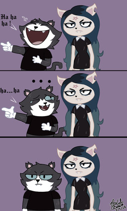 anthro duo female gesture hand_gesture laugh male male/female pointing serious_face the_calm_shock cartoon_hangover the_summoning claire_(the_summoning) edgar_(the_summoning) domestic_cat elf felid feline felis humanoid mammal 3:5 comic hi_res