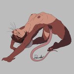 anthro arched_back bald_tail big_ears breasts buckteeth eyes_closed female fluffy long_tail nipples nude pawpads pink_nose simple_background smile solo stretching tail teeth whiskers deerwalker stacy_(deerwalker) mammal mouse murid murine rodent flat_colors hi_res