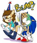 anthro blue_body blue_fur breasts brown_hair bump cake clothing dessert duo female food fur hair hat headgear headwear humor male one_eye_closed party_hat sitting smile text wink nenikat 4chan sega sonic_the_hedgehog_(series) bump_the_deer fan_character sonic_the_hedgehog cervine deer eulipotyphlan hedgehog mammal english_text