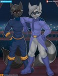 2023 absurd_res anthro blue_clothing clothing daniel_cooper_(blair93) duo fureverick hi_res jack_cooper_(blair93) male mammal pose procyonid raccoon
