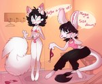 anthro black_hair blue_eyes blush bulge changing_room clothing duo female fur gynomorph hair intersex swimwear teasing text white_body white_fur womb_tattoo cherrysmudgee hope_(tinycatskye) skye_(tinycatskye) felid feline mammal ottaroo hi_res