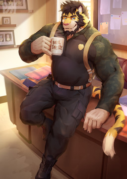 anthro badge beard belt belt_buckle beverage black_boots black_bottomwear black_clothing black_footwear black_hair black_pants black_shirt black_stripes black_topwear blue_eyes boots bottomwear brown_belt buckle bulletin_board camo camo_print chair claws clothing coffee coffee_mug container cup desk dossier facial_hair fangs files finger_claws folder footwear fur furniture gesture glass_case green_sleeves hair hand_on_desk holding_container holding_cup holding_mug holding_object leaning_on_table logo male markings medal mug muscular muscular_anthro muscular_male office office_chair pants pink_nose raised_finger raised_pinky sabertooth_(anatomy) shirt shoes silver_belt_buckle solo steam striped_body striped_fur striped_markings striped_tail stripes table tail tail_markings tail_on_desk tail_on_furniture teeth text topwear vein white_body white_fur window yellow_body yellow_fur physen michael_(myokuju) felid mammal pantherine tiger 2021 absurd_res artist_logo english_text hi_res watermark