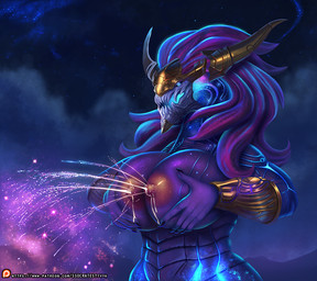 anthro areola armor bedroom_eyes big_breasts big_nipples bodily_fluids bracelet breast_milking breast_squeeze breasts cloud crossgender crown female galaxy half-closed_eyes hand_on_breast headgear holding_breast horn huge_breasts humor jewelry lactating looking_at_viewer milk narrowed_eyes nebula nipples non-mammal_breasts non-mammal_lactation non-mammal_nipples nude projectile_lactation pun purple_body seductive smile solo space squeezing star text visual_pun da_polar_inc asian_mythology east_asian_mythology league_of_legends mythology riot_games tencent aurelion_sol_(lol) dragon eastern_dragon mythological_creature mythological_scalie scalie 2016