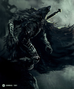 anthro armor breastplate cape claws clothing cuirass fangs fur gauntlets gloves greaves grey_body grey_fur handwear howl male melee_weapon simple_background solo standing sword teeth weapon shimhaq elden_ring fromsoftware blaidd_(elden_ring) canid canine canis mammal wolf 2021 absurd_res hi_res