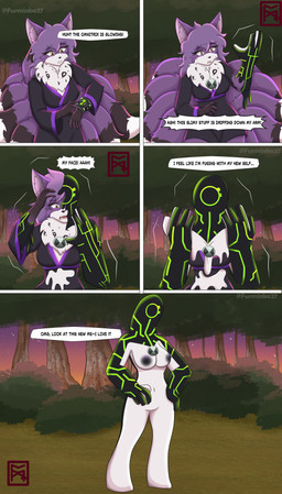 anthro female goo_transformation solo text transformation transformation_sequence furminko27 ben_10 cartoon_network upgrade_(ben_10) alien alien_humanoid canid canine felid feline fox galvanic_mechamorph humanoid hybrid mammal absurd_res comic english_text hi_res sequence