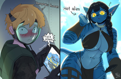 anthro athletic athletic_female barbell_piercing big_breasts biped black_hair blonde_hair blue_body blush blush_lines bodily_fluids bottomwear braided_hair breasts clothed clothed_anthro clothed_female clothed_human clothed_male clothing dialogue duo ear_piercing eyelashes female female_anthro fully_clothed fully_clothed_human fully_clothed_male gas_mask gauged_ear hair loincloth long_eyelashes looking_at_viewer male mask mature_anthro mature_female navel navel_piercing piercing pose profanity speech_bubble sweat text thick_thighs topwear under_boob wide_hips arzy_parzy james_cameron's_avatar warhammer_(franchise) alien human mammal na'vi artist_name colored detailed digital_drawing_(artwork) digital_media_(artwork) half-length_portrait hi_res portrait signature three-quarter_portrait