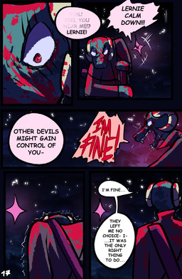 anthro blood bodily_fluids clothed clothing dialogue duo female horn melee_weapon red_eyes speech_bubble text weapon brradett lernie_(brradett) love_goddess_(brradett) scalie absurd_res comic digital_media_(artwork) english_text hi_res