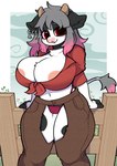 2023 abigail_(nightnight) anthro areola areola_outline big_breasts black_body black_fur bottomwear bovid bovine breasts cattle clothing crotchless_bottomwear crotchless_clothing crotchless_pants ear_piercing ear_ring female fence fur hi_res holstein_friesian_cattle horn huge_breasts kemono mammal pants piercing plant red_clothing red_shirt red_topwear ring_piercing shirt simple_background slightly_chubby smile snow_angel_(artist) solo tied_clothing topwear underwear white_body white_fur