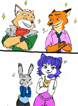anthro blue_body blue_eyes blue_fur canon_couple female fur green_eyes group heart_symbol male male/female orange_body orange_fur purple_eyes romantic romantic_couple sunnypompom06 disney nintendo star_fox zootopia fox_mccloud judy_hopps krystal_(star_fox) nick_wilde canid canine fox lagomorph leporid mammal rabbit hi_res