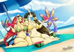 anthro beach big_breasts bikini breasts cleavage clothed clothing duo_focus female food freckles fruit group melon outside plant print_bikini print_clothing print_swimwear seaside swimwear tail trio two-piece_swimsuit watermelon watermelon_bikini watermelon_pattern watermelon_print wide_hips latiar nintendo pokemon fan_character gellie_(snackbunnii) mila_(latiar) mila_(snackbunnii) generation_3_pokemon generation_6_pokemon goodra milotic pokemon_(species) hi_res