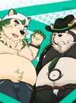 anthro belly belt blush bulge clothing detailed_bulge duo eyebrows fur green_body green_fur male navel necktie overweight overweight_male shirtless thick_eyebrows underwear dagehot lifewonders live_a_hero mokdai shoen canid canine canis domestic_dog mammal raccoon_dog tanuki 3:4 hi_res