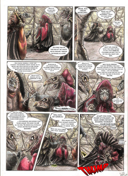anthro beak clothed clothing dialogue elderly fangs fully_clothed gown group inside multi_limb renaissance_clothing speech_bubble teeth text trio skekla_(artist) the_dark_crystal skekla_the_illustrator skekna_the_slave_master skekung_the_garthim_master alien skeksis 2015 comic english_description english_text hi_res signature herm_(lore)