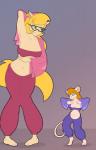 anthro belly_dancing blonde_hair blue_eyes breasts duo female green_eyes hair harem_outfit navel size_difference paoguu chip_'n_dale_rescue_rangers disney hanna-barbera swat_kats callie_briggs gadget_hackwrench domestic_cat felid feline felis mammal mouse murid murine rodent 9:14 hi_res