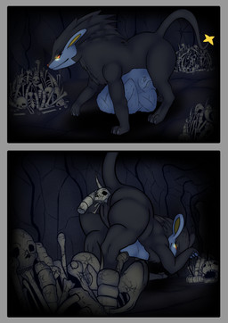 anus big_butt bone butt butt_focus disposal feces female female_pred feral genitals larger_female larger_pred male male_prey rear_view red_sclera size_difference skull tail thick_thighs vore vulva poisonsneksoffie nintendo pokemon pokemon_trainer felid feline generation_4_pokemon human luxray mammal pokemon_(species) absurd_res comic hi_res