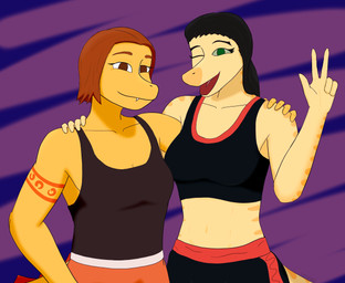 anthro duo female gesture group hand_gesture prehistoric standing v_sign marunishkek dinosaur prehistoric_species reptile saurischian scalie absurd_res hi_res