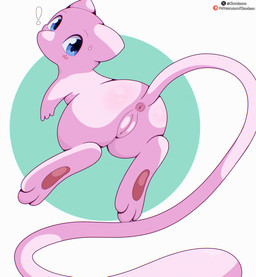 anus biped blue_eyes blush butt exclamation_point female feral genitals long_tail looking_back pawpads paws pink_body simple_background solo tail vulva cloudeon nintendo pokemon pokemon_tcg_pocket generation_1_pokemon legendary_pokemon mew_(pokemon) pokemon_(species) absurd_res hi_res