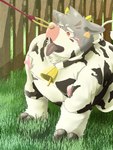 all_fours anthro blush clothing facial_piercing kemono male moobs nipples nose_piercing nose_ring onesie outside overweight overweight_anthro overweight_male piercing ring_piercing solo tongue tongue_out kogiinu lifewonders tokyo_afterschool_summoners sitri_(tas) bovid bovine cattle mammal 2021 hi_res