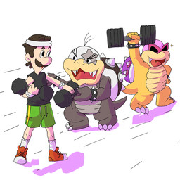 3_toes 4_fingers 5_fingers accessory age_difference anthro arms_bent barbell bent_arm big_nose biped black_bracelet black_clothing black_eyebrows black_facial_hair black_mustache black_shell black_shirt black_tank_top black_topwear bottomwear bracelet bracelet_only brown_hair claws clothed clothed_human clothed_male clothing confident confident_male eye_contact eyebrows eyewear facial_hair fangs featureless_crotch feet finger_claws fingers footwear fully_clothed fully_clothed_human fully_clothed_male green_bottomwear green_clothing green_shorts grey_body grey_markings grey_scales grey_tail group hair hand_on_hip hand_on_own_hip happy head_markings headband holding_barbell holding_object holding_weights jewelry larger_human larger_male long_fangs looking_at_another male male_anthro male_human markings mustache older_human older_male open_mouth open_smile pink_eyewear pink_head pink_sunglasses purple_shell red_clothing red_footwear red_shoes red_tongue scales shell shirt shoes shorts simple_background size_difference smile smiling_at_another socks sparkles spiked_bracelet spiked_shell spikes spikes_(anatomy) star_(marking) sunglasses tail tan_body tan_scales tan_skin tank_top teaching teeth toe_claws toes tongue topwear trio white_background white_clothing white_footwear white_head white_headband white_socks white_spikes white_wristband yellow_body yellow_scales yellow_tail younger_anthro younger_male cbfanart mario_bros nintendo koopaling luigi morton_koopa_jr. roy_koopa dragon_koopa human koopa mammal reptile scalie turtle 1:1 2025 colored digital_drawing_(artwork) digital_media_(artwork) english_description hi_res shaded