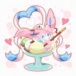 ambiguous_gender big_ears blue_eyes blush candy chocolate daww dessert feral food fur heart_symbol ice_cream looking_at_viewer paws pink_body pink_fur pink_paws ribbons smile solo sundae white_body white_fur nell_two nintendo pocky pokemon eeveelution generation_6_pokemon pokemon_(species) sylveon 1:1 pink_theme