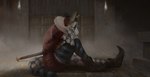 anthro boots clothing door footwear jester jester_outfit makeup male melee_weapon sad shoes smoke solo sword tired torch weapon sasha_shkip lizard reptile scalie 2025 digital_media_(artwork)