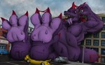 3_toes anthro anthro_focus anthro_pred bodily_fluids building car city claws crush crushed_car crushed_vehicle destruction detailed_background dewclaw digitigrade dripping duo extreme_size_difference fangs feet foot_crush foot_fetish foot_focus goo_drip hindpaw holding_another horn imminent_vore larger_anthro larger_male larger_pred looking_at_viewer lying macro macro_anthro macro_focus macro_male male male_focus male_pred mouth_shot muscular muscular_anthro muscular_arm muscular_arms muscular_legs muscular_male on_back open_mouth outside paws pecs purple_body purple_flesh red_eyes sharp_teeth sitting sitting_on_ground size_difference slime soft_vore soles solo_focus spiked_tail spikes spikes_(anatomy) stomping tail teeth toe_claws toes tongue tongue_out vehicle vehicle_destruction vore willing_pred undevo mythology devourer_(razor_koopa) dragon goo_creature goo_dragon mythological_creature mythological_scalie scalie 16:10 2025 absurd_res digital_media_(artwork) hi_res huge_filesize widescreen