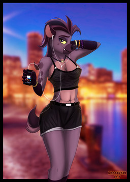 aged_up anthro anthrofied armwear belt big_breasts black_border border bottomwear bracelet breasts buckle camisole cellphone city cleavage clothed clothing elbow_gloves electronics fangs female fur gloves handwear headphones inviting jewelry looking_at_viewer midriff multicolored_body multicolored_fur navel necklace phone pier river riverside seaside seductive shorts sky smartphone solo sunset teeth yellow_sclera quarko-muon disney sony_corporation sony_mobile sony_xperia sony_xperia_z the_lion_guard the_lion_king jasiri_(the_lion_guard) hyena mammal spotted_hyena 2018 hi_res