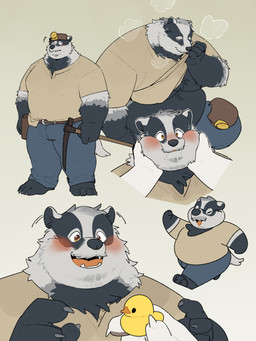anthro belly big_belly black_body blush bottomwear chubby_cheeks clothing duo eyes_closed grey_body humanoid_hands kemono male moobs pants rubber_duck shirt solo solo_focus topwear quanjiang echo_(series) echo_project the_smoke_room nikolai_krol badger mammal mustelid musteline 2024 absurd_res hi_res