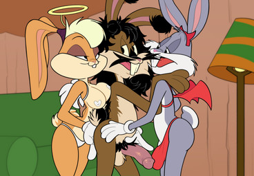 angel_costume anthro balls bedroom_eyes bisexual breasts buckteeth bulge camel_toe clothed clothing costume devil_costume facial_hair fake_wings female fur furniture genitals gloves grey_body group hair half-closed_eyes half-erect halo handwear holidays humanoid_genitalia humanoid_penis looking_at_another looking_back male male/female male/male mustache narrowed_eyes nipple_covers nude open_mouth panties panties_only penis pubes seductive sofa standing tail teeth tenting tongue topless topless_anthro topless_female trio underwear underwear_only hairlessboyblunder halloween looney_tunes warner_brothers bugs_bunny fan_character lola_bunny lagomorph leporid mammal rabbit digital_media_(artwork) hi_res