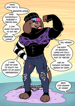 after_transformation black_eyelids blue_eyes dialogue growth implied_transformation looking_at_self mouse_tail muscle_growth solo speech_bubble tail tail_wraps text transformation twinning wraps trevor-fox trevor-fox_(character) mammal mouse murid murine rodent english_text hi_res