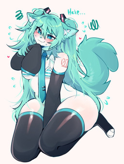 alternate_species anthro armwear bikini bikini_top blue_body blue_eyes blue_fur blue_hair blush bodily_fluids bow_tie clothed clothing female fluffy fluffy_tail fur furrification hair inner_ear_fluff kneeling legwear long_hair nervous no_underwear simple_background solo stockings sweat sweatdrop swimwear tail tattoo thick_thighs tuft two-piece_swimsuit white_background fredek666 vocaloid yamaha_corporation hatsune_miku domestic_cat felid feline felis mammal 2025 absurd_res colored_sketch digital_drawing_(artwork) digital_media_(artwork) hi_res sketch