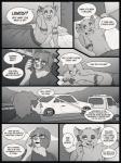 3:4 anthro athletic bed black_border border canid canine car clothed clothing comic dialogue digital_media_(artwork) duo electronics elise_(glopossum) english_text eyewear felid furniture glasses glopossum greyscale inside junip male mammal monochrome nipples nude open_mouth outside phone smile text vehicle