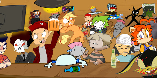 afro alcohol bandage bar beer beverage black_hair blonde_hair blood blood_on_face blue_eyes blush bodily_fluids bone clothing container cup drunk electronics female fur green_eyes green_hair hair hat headgear headwear male mug orange_body orange_fur orange_hair ponytail red_eyes skull substance_intoxication television watching_television igwanasuchus a_new_bunny assassin_(newgrounds) ben_10 big_boy_rumble_tumble brawl_4 bunny_bun_(erikswahn) cartoon_network charlottes_apprenticeship friendship_is_magic goobee's_lament hasbro jewish_vampire:_on_ice! larry's_epic_game_shop loonatics_unleashed looney_tunes my_little_pony newgrounds ng_bytes peddle_pals_(character) peddle_pals_(video_game) piconjo_(series) pony.mov rahul_titan_keep_off_the_grass samurai_asshole smith_&_winston the_upchucks warner_brothers ace_bunny applejack_(mlp) big_hoss buckshot_(luis_castanon) buzz_bunny cashy_the_hamster charlotte_gray doobusgoobus_fan feels_(ng_bytes) jerkoffman jewish_vampire kirbopher_(character) larry_(legs) rahul_titan s'asshole showgun_man smith_(papalegba) teacher_fucker_(ng_bytes) upchuck_(ben_10) winston_(papalegba) cricetid equid equine hamster horse human lagomorph leporid mammal pony rabbit rodent absurd_res hi_res