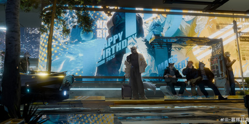 anthro black_clothing black_jacket black_nose black_topwear blonde_hair blue_body blue_clothing blue_fur blue_jacket blue_topwear brown_clothing brown_jacket brown_topwear bus_stop car clothed clothing drinking front_view fur futuristic_architecture grey_body grey_fur group hair jacket male messy_hair modern_architecture mouth_closed muscular muscular_anthro muscular_male orange_body orange_fur outside plant short_hair sitting standing topwear tree urban vehicle white_body white_clothing white_fur white_hair white_jacket white_topwear awaldkize canid canine mammal absurd_res hi_res