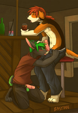 4_toes alcohol anthro ball_lick balls bar barefoot beer beverage blush bottomwear bottomwear_pull brown_body brown_fur claws clothed clothing clothing_pull duo ear_piercing erection eyes_closed feet fur genitals green_hair hair hand_on_head head_in_crotch holding_glass holding_object humanoid_genitalia humanoid_penis kneeling licking looking_pleasured male male/male male_penetrated male_penetrating male_penetrating_male open_bottomwear open_clothing open_pants oral pants pants_pull penetration penis penis_poking_out piercing ponytail public public_erection red_hair sex shirt sitting tail toe_claws toes tongue tongue_out topless topwear under_table higsby mephistoscousin beagle canid canine canis domestic_dog hunting_dog lagomorph leporid mammal rabbit scent_hound digital_media_(artwork) hi_res