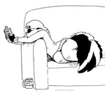 2019 anthro black_and_white book clothed clothing coffee_cup container cup female furniture kelly_o'dor mammal mephitid monochrome narrowed_eyes skunk sofa solo striped_skunk tail tegerio whiskers zandar's_saga