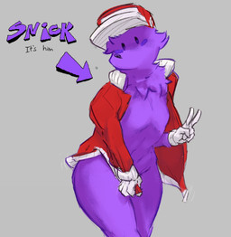 anthro arrow_sign big_butt blush bottomless butt clothed clothing covering covering_crotch covering_self fur gesture gloves grey_background hand_gesture handwear hat headgear headwear jacket male navel partially_clothed purple_body purple_fur red_clothing red_hat red_headwear red_jacket red_topwear simple_background solo text thick_thighs topwear v_sign forgoart pizza_tower snick_(pizza_tower) mammal porcupine rodent digital_media_(artwork) english_text