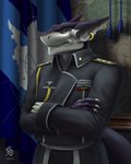 anthro black_sclera clothed clothing coat crossed_arms detailed_background ear_piercing ear_ring front_view glistening glistening_eyes grey_clothing grey_coat grey_eyes grey_topwear inside logo male mouth_closed piercing purple_body purple_ears ring_piercing solo standing topwear white_body white_ears white_inner_ear cereus93 cyberia riku_tavash fish marine shark 4:5 absurd_res artist_logo artist_name half-length_portrait hi_res portrait