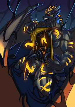 anthro bulge claws eyes_closed glowing glowing_body glowing_markings hollow_body male markings muscular muscular_male open_chest solo striped_markings stripes tentacles tongue tongue_out unusual_anatomy wings voidlexus mythology asphalt_(basaltdragon) animate_inanimate dragon goo_creature living_clothing living_latex mythological_creature mythological_scalie scalie hi_res