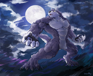 abs anthro biceps big_hands big_muscles biped black_nose chest_tuft claws cloud fangs fluffy full_moon fur grass grey_body grey_fur male moon muscular muscular_male night nude obliques open_mouth outside pawpads pecs plant sky solo standing teeth toe_claws triceps tuft vein veiny_muscles white_body white_fur yellow_eyes waddledox mythology canid canine canis mammal mythological_canine mythological_creature werecanid werecanine werecreature werewolf wolf 2017
