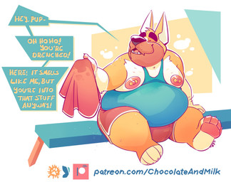 abstract_background anthro areola barbell_piercing belly bench big_belly blue_clothing blue_topwear bodily_fluids bottomwear bulge clothed clothing eyes_closed fangs fur head_tuft male male_anthro moobs nipple_piercing nipples obese obese_anthro obese_male open_mouth orange_body orange_fur overweight overweight_anthro overweight_male pawpads piercing red_bottomwear red_clothing red_pawpads sitting solo sweat teeth text tight_clothing tight_topwear topwear tuft white_body white_fur chocolateandmilk canid canine canis domestic_dog mammal english_text hi_res url