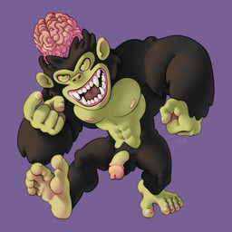 aggressive anthro belly black_body black_fur exposed_brain feet flaccid fur genitals glans green_belly green_body green_ears green_eyes green_face green_feet green_hands green_penis green_skin hairy humanoid_feet male monkey_feet penis pink_glans plantigrade simple_background smile soles solo ravuer cartoon_network powerpuff_girls mojo_jojo haplorhine mammal monkey primate 1:1 hi_res