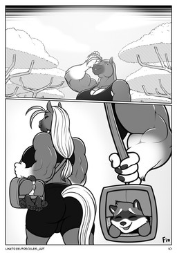 anthro balls big_breasts breasts butt carrying_another carrying_partner clothed clothed_anthro clothed_gynomorph clothed_intersex clothing comic_panel duffel_bag duo eyes_closed feet genitals gynomorph gynomorph_anthro hair inside_object intersex intersex_anthro larger_gynomorph larger_intersex male male_anthro muscular muscular_anthro muscular_gynomorph muscular_intersex nail nude_anthro nude_male page_number plant ponytail size_difference sky smaller_male tail text tree freckles_(artist) juniper_(freckles) equid equine horse mammal procyonid raccoon 2025 artist_name comic end_page hi_res monochrome herm_(lore)