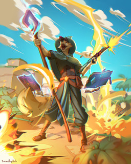 anthro barbell_piercing black_hair black_nose blue_cape blue_clothing blue_hat blue_headwear blue_legwear blue_sky blue_topwear book boots brown_boots brown_clothing brown_footwear cape cheek_tuft circular_barbell_piercing clothed clothing cloud day electricity explosion facial_piercing facial_tuft fangs footwear front_view fur gun hair hat headgear headwear holding_gun holding_object holding_ranged_weapon holding_weapon laugh legwear lightning lip_piercing lip_ring magic_user male male_anthro multicolored_hair multiple_piercings nose_piercing open_mouth orange_body orange_fur orange_tail outside piercing plant purple_eyes purple_hair ranged_weapon red_tongue ring_piercing septum_circular_barbell septum_piercing shoes shrub sky solo standing tail tan_body tan_fur tan_tail teeth text tongue tongue_piercing tongue_stud topwear tuft two_tone_hair uvula weapon timmothy_arts megabonk dubsthefox canid canine fennec_fox fox mammal true_fox 4:5 chromatic_aberration english_text full-length_portrait hi_res portrait signature