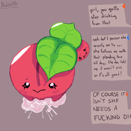 2_heads blush bodily_fluids dialogue dripping ejaculation female food fruit genital_fluids genitals leaf looking_at_viewer multi_head not_furry plant profanity puddle round_body simple_background solo speech_bubble text vaginal_fluids vaginal_squirting vulva dodekkaaa nintendo pokemon cherubi elemental_creature flora_fauna food_creature generation_4_pokemon pokemon_(species) waddling_head 1:1 aliasing digital_drawing_(artwork) digital_media_(artwork) english_text flat_colors hi_res signature