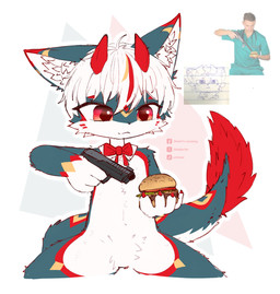 4_fingers accessory anthro bow_accessory bow_ribbon bow_tie burger claws dipstick_ears dipstick_tail dragon_tail ear_markings fingers food fur green_body green_fur gun hair handgun holding_gun holding_object holding_ranged_weapon holding_weapon horn inner_ear_fluff male markings meme_pose multicolored_body multicolored_ears multicolored_fur multicolored_hair multicolored_tail ranged_weapon red_body red_bow red_bow_tie red_ear_tips red_eyes red_fur red_hair red_horn red_tail_tip simple_background sitting smile solo tail tail_markings tuft weapon white_body white_fur white_hair white_inner_ear white_inner_ear_fluff yellow_body yellow_fur bikabe3m mythology hikotobu_(bikabe3m) canid canine dragon fox hybrid mammal mythological_creature mythological_scalie scalie 2026 digital_drawing_(artwork) digital_media_(artwork) meme reference_image watermark